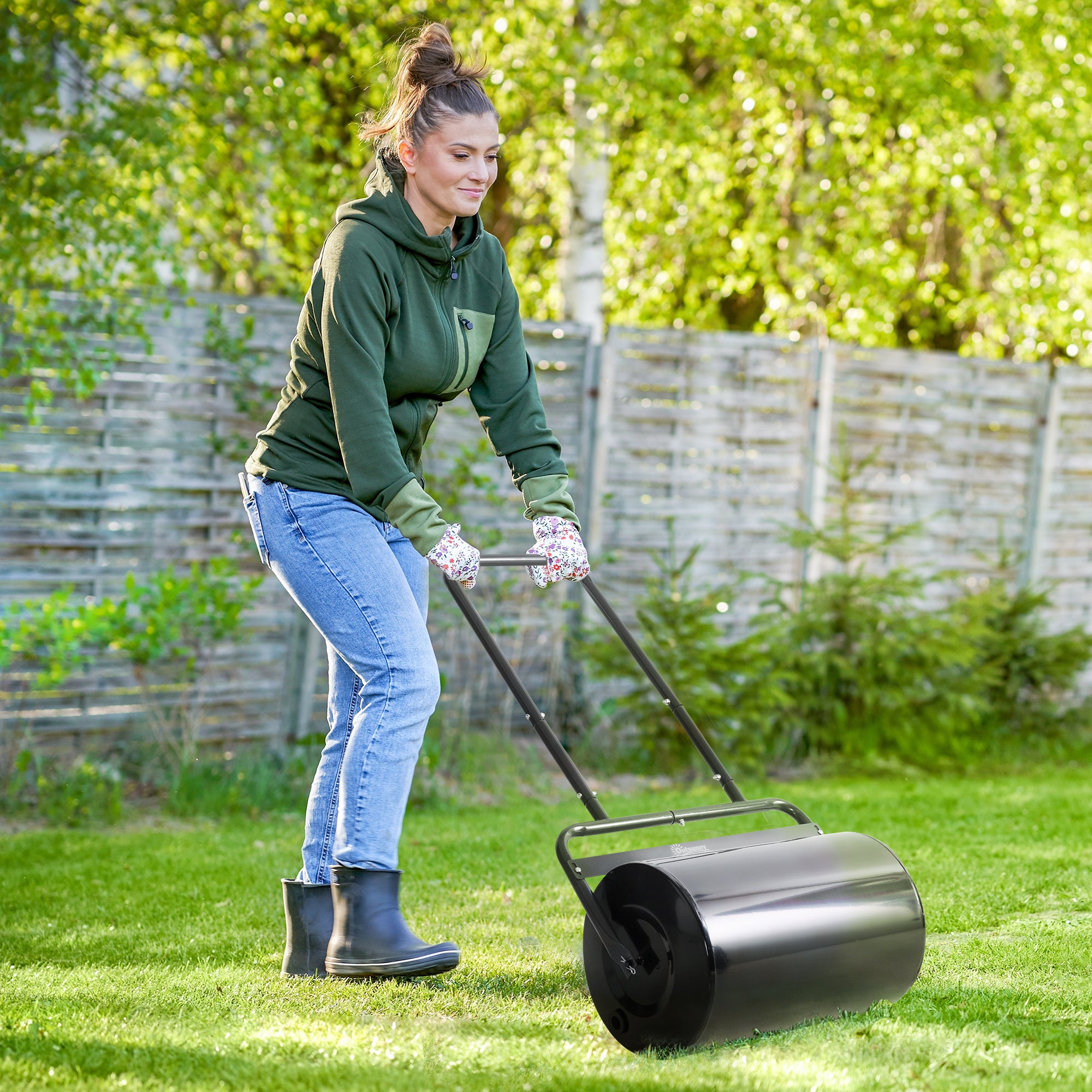 20-Inch Push Tow Behind Lawn Roller Filled With 10 Gal Water Or Sand For Flattening Sod In The Garden, Black