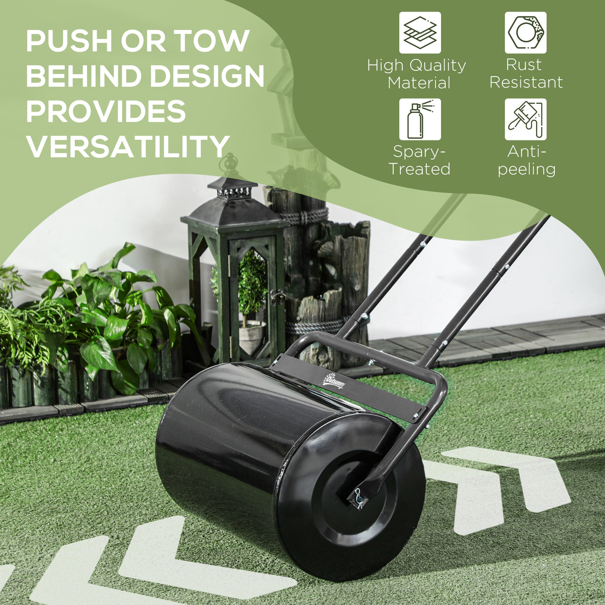 20-Inch Push Tow Behind Lawn Roller Filled With 10 Gal Water Or Sand For Flattening Sod In The Garden, Black